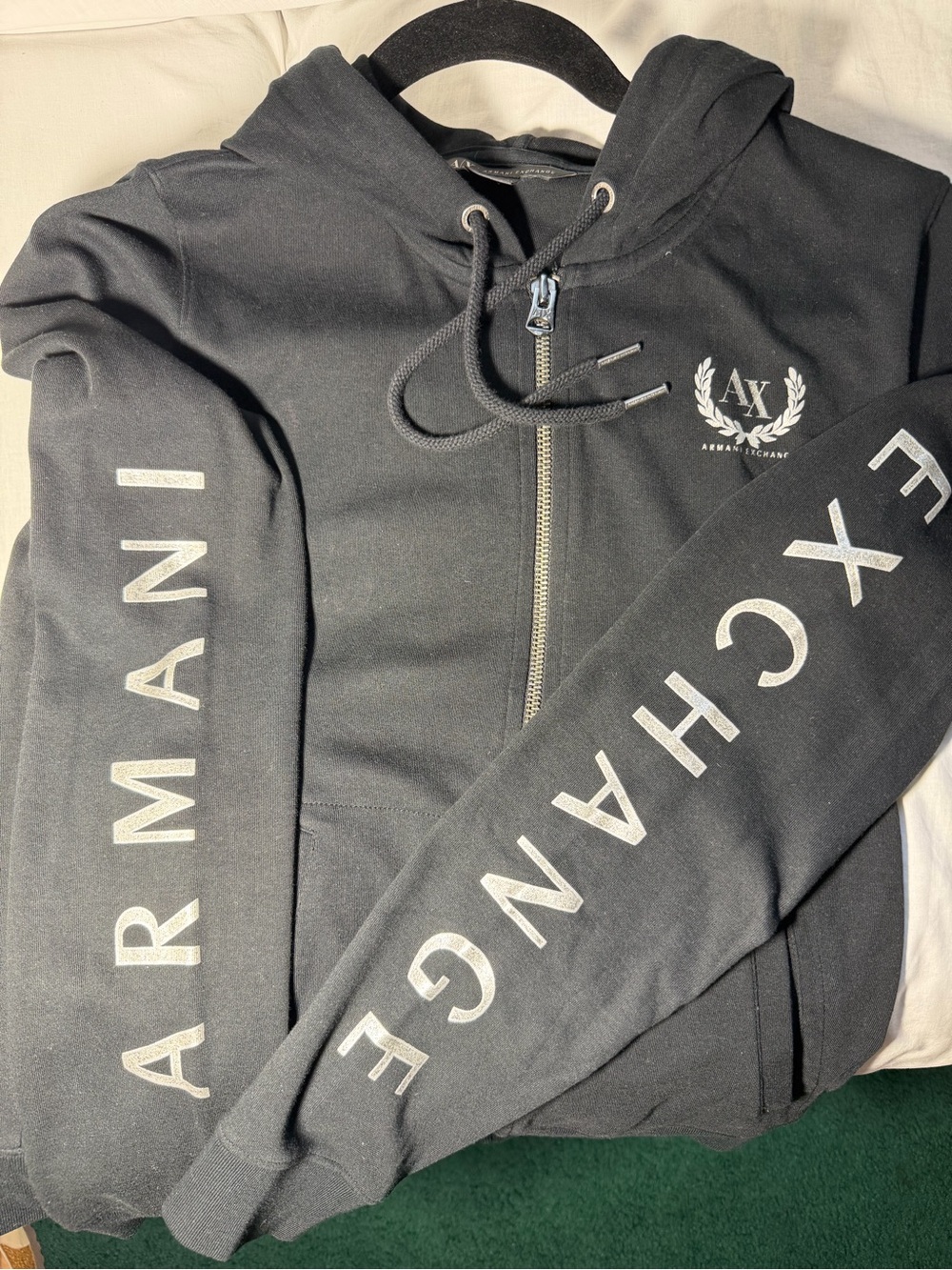 Armani Exchange Black Full Zip Hoodie Silver Logo Sleeves Size M